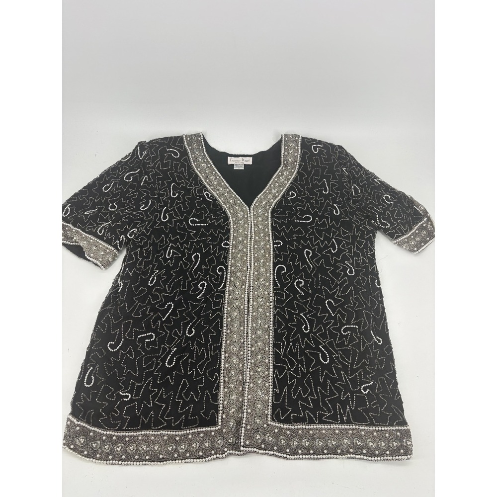 Laurence Kazar Beaded Silk Cardigan 1X Black Silver Pearl Evening Top